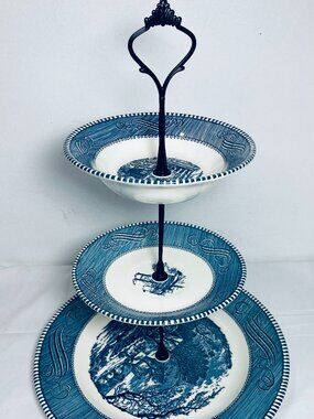 VNTG Currier & Ives 3-Tier Tidbit Tray 10" & 6" Plates 5.75" Bowl Black Handle